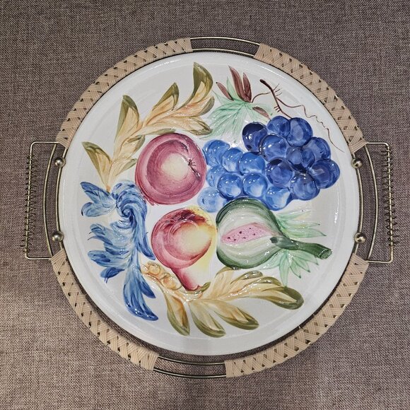Vintage 1960s Souritsu Akechi Japan Hand Painted Plate With Metal Holder Mid-Cen - Picture 1 of 11